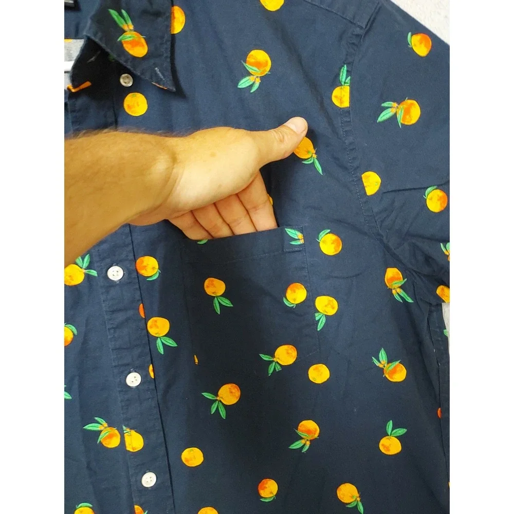 J Crew Shirt Mens Large Slim Flex Washed Short Sleeve Orange Fruit Novelty Print